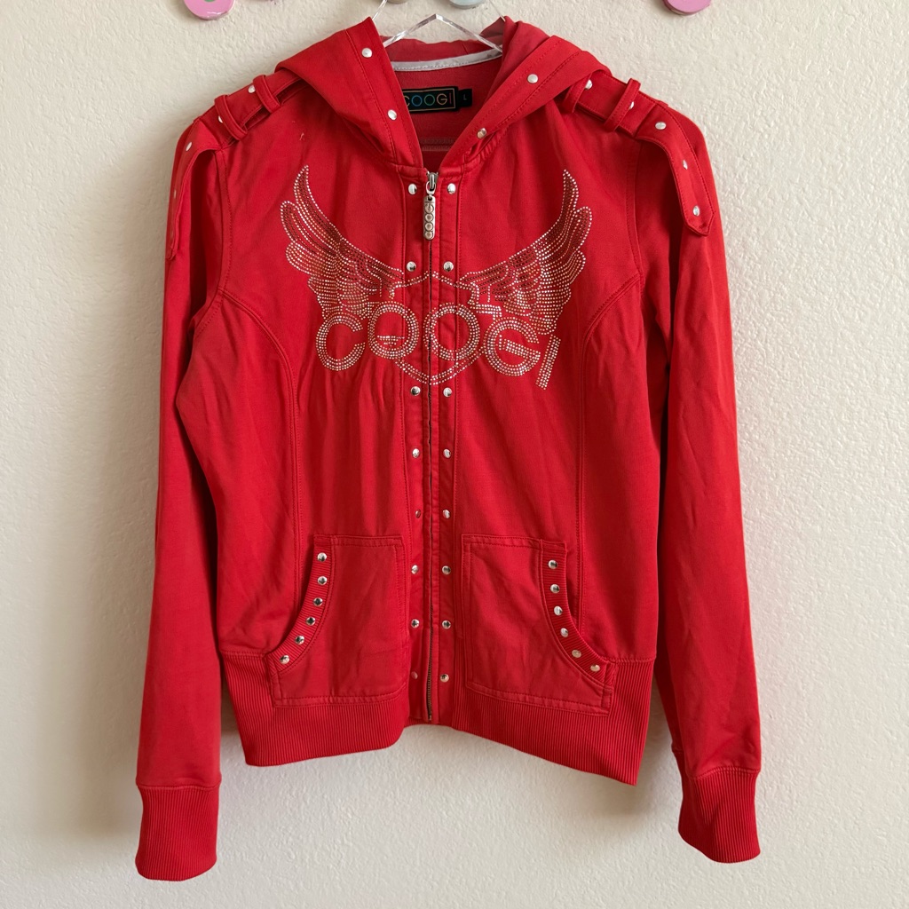 Coogi Red Hoodie Jacket Full Zip With Rhinestones And Wings Size L